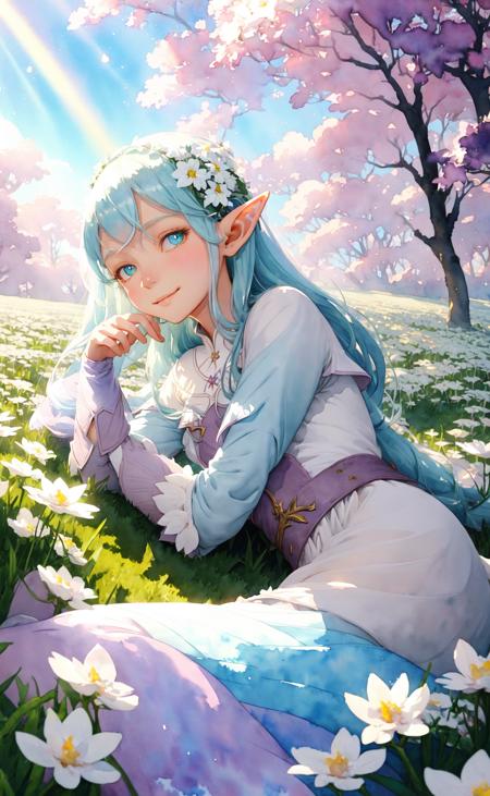 70379-947963607-(watercolor illustration, soft pastel colors_1.1), masterpiece, best quality, 1girl, elf adventurer lying down in a field of whi.png